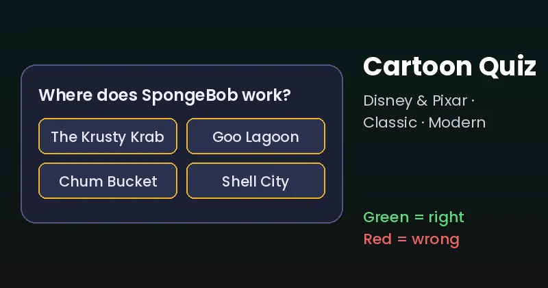 Cartoon quiz card with a question about Toy Story and four answer buttons