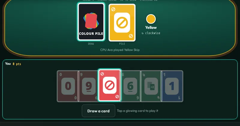 Colour Pile card game like UNO: a hand of coloured number and action cards next to the pile