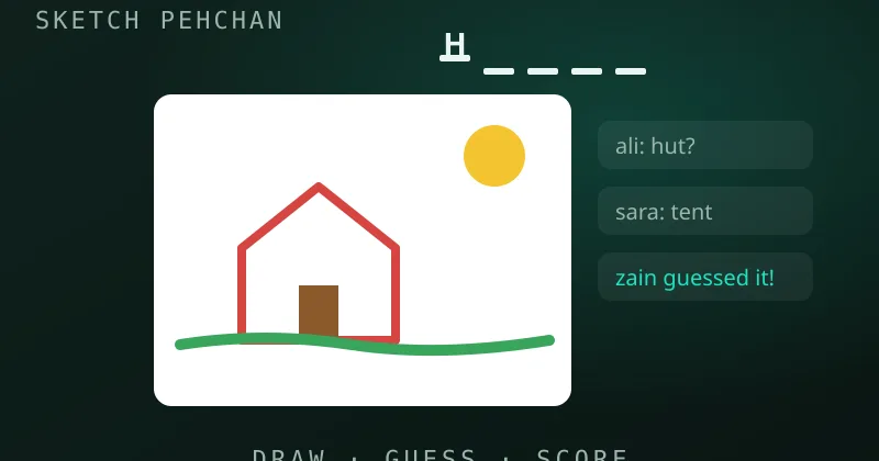 Sketch Pehchan draw and guess game: a doodle on the canvas, the hidden word blanks and the guess chat
