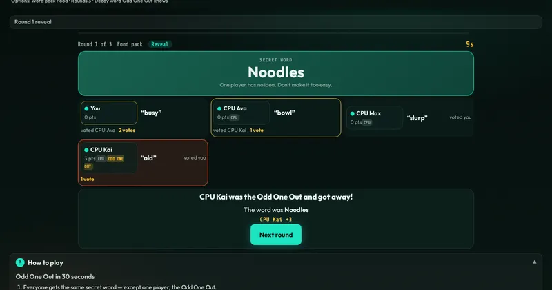 Odd One Out imposter game: players' clues listed with the secret word card and a vote button