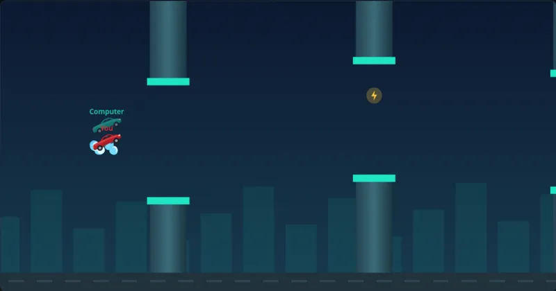 Sky Roadster flappy car game online: a red roadster with a jet beneath it flying between pylons